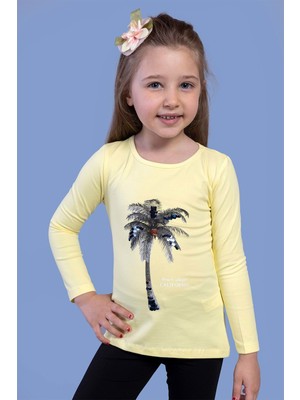 Toontoy Kids Kız Çocuk Palmiye Baskılı Pul Işlemeli Tişört