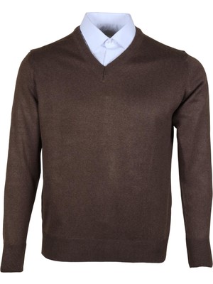 Modarar Erkek Yünlü Kazak V Yaka Normal Klasik Kesim Kahve RAR00377