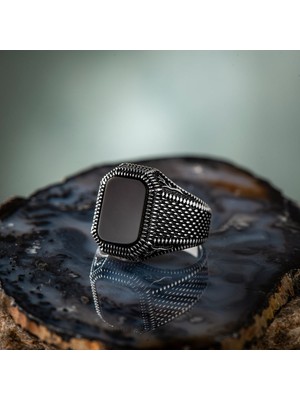 Takılingo 925 Ayar Gümüş Dörtgen Siyah Oniks Taşlı Sade Erkek Yüzük