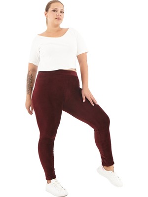 Enimon Büyük Beden Bordo Fitilli Kadife Tayt