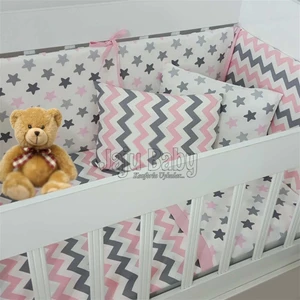 Jaju Baby Pembe Zikzaklı - Yıldızlı Bebek Nevresim Takımı ve Kenar Koruma