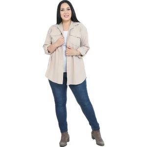 Disentis Modest Büyük Beden Gömlek Yaka Göğüsten Çift Cepli Taş Rengi Gömlek
