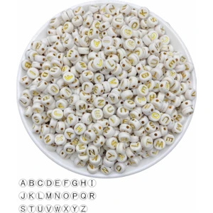 Hedef Bijuteri Harf BONCUK,4X7MM Yassı Beyaz Üzeri Gold / Altınsarısı Yaldızlı Harf Boncuk (100GR,~690 Adet)