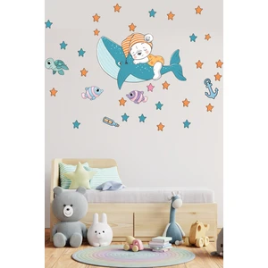 Echo Home Yunus Üzerinde Uyuyan Sevimli Ayıcık Yıldızlar ve Balıklar Duvar Sticker Seti