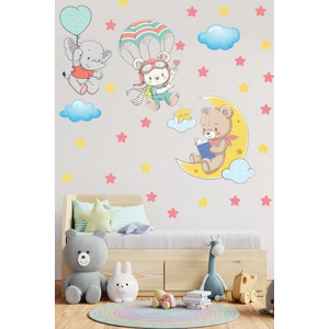 Echo Home Ayda Kitap Okuyan Aycık Yıldızlar ve Uçan Fil ve Ayıcık Duvar Sticker