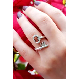 Fildişi Aksesuar Antik Gümüş Kaplama Kalp Anahtarı Şekilli El Yapımı Ayarlanabilir Yüzük
