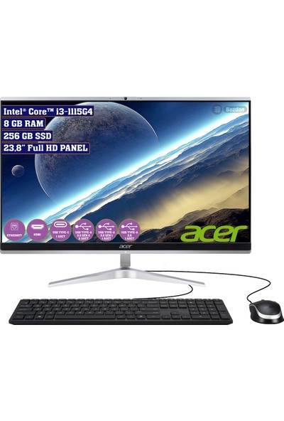 Acer Aspire C24-1650 Intel Core i3 1115G4 8GB 256GB SSD Freedos 23.8" FHD All In One Bilgisayar DQ.BFTEM.001