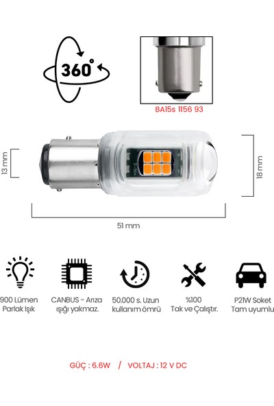 Waxen Stop Sinyal Geri Vites Ampulü Mercekli 18 LED P21W 1156 93 6500K Turuncu Tek Duy Güçlü Işık