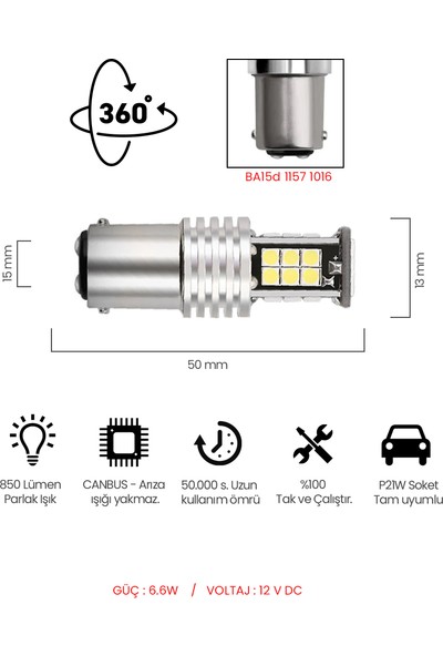 Waxen Stop Sinyal Geri Vites Ampulü Mercekli 15 LED P21W 1157 1016 6500K Beyaz Çift Duy Güçlü Işık