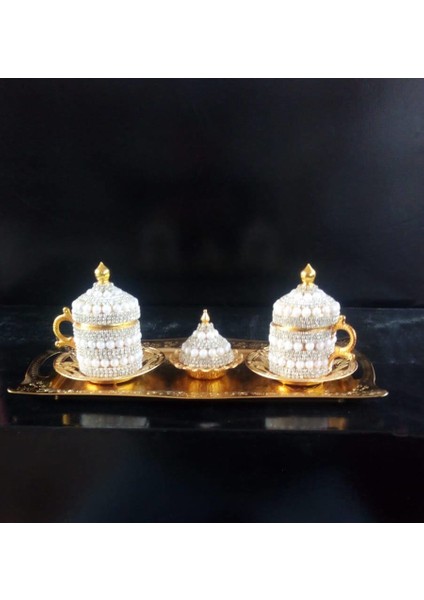 Otantik Ikili Taş Süslemeli Kahve Fincanı Set