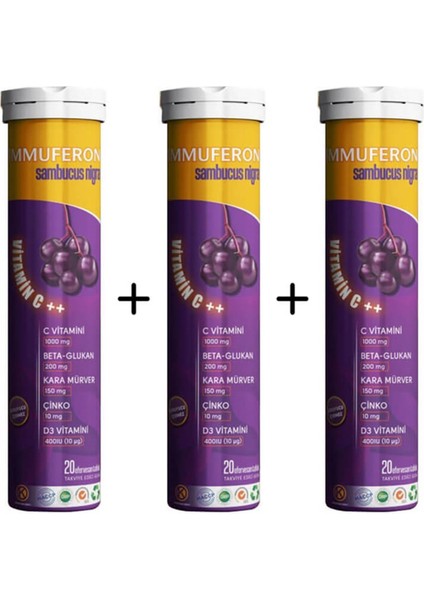 Immuferon Sambucus Nigra + Vitamin C + Beta Glucan + Çinko + Vitamin D3 20 Efervesan Tablet 3'lü Paket