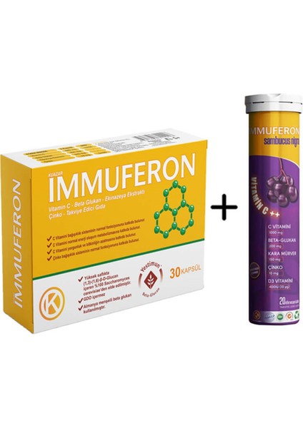 Immuferon - Beta Glucan + Vitamin C + Çinko + Kara Mürver Içerikli 2'li Kofre Gıda Takviyesi