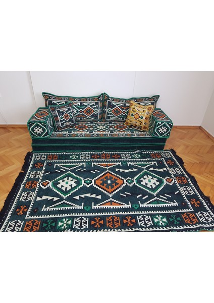 Anadolu Desenli Şark Köşesi Minderi Ikili Sedir 120*180CM Kilim Takımı Yeşil ( 9 Parça )