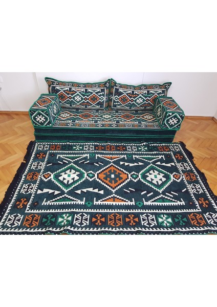 Anadolu Desenli Şark Köşesi Minderi Ikili Sedir 120*180CM Kilim Takımı Yeşil ( 9 Parça )