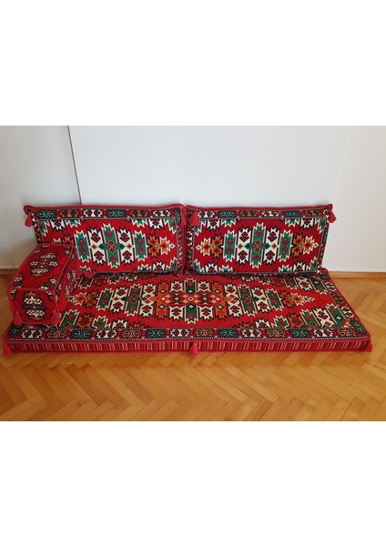 Şark Köşesi Apaçi Desenli Minderi ikili Sedir Takımı Sünger Dahil Kırmızı ( Dolu 4 Parça )