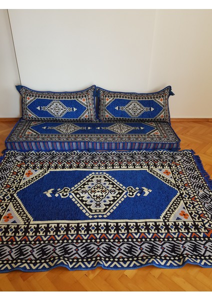 Şark Köşesi Saraylı Desenli Minderi ikili Sedir 120x180cm Antep Kilim Mavi