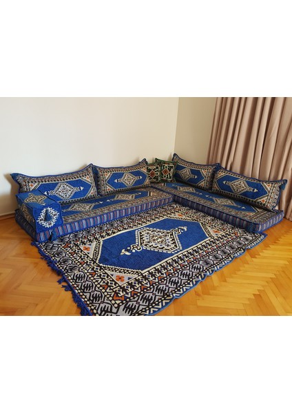 Şark Köşesi Saraylı Desenli Minderi 120x180cm Antep Kilim Takımı Konsept Mavi