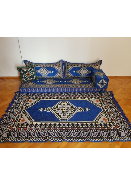 Şark Köşesi Saraylı Desenli Minderi ikili Sedir 120x180cm Antep Kilim Konsept Mavi