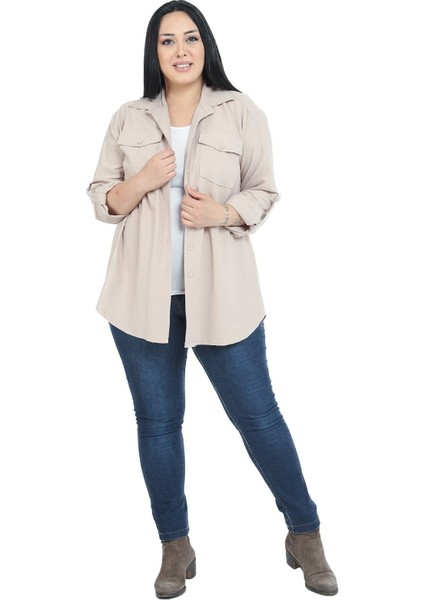 Büyük Beden Gömlek Yaka Göğüsten Çift Cepli Taş Rengi Gömlek