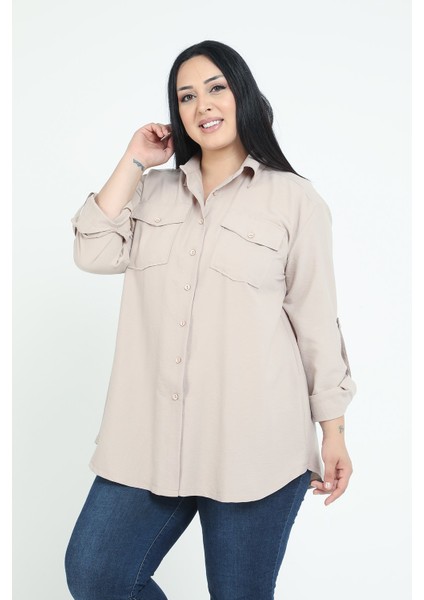 Büyük Beden Gömlek Yaka Göğüsten Çift Cepli Taş Rengi Gömlek fiyatları