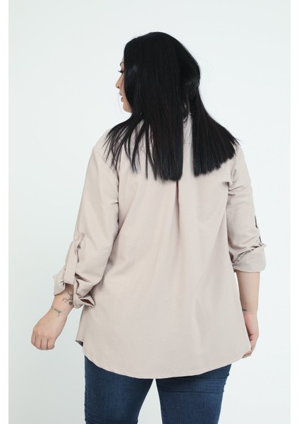 Büyük Beden Gömlek Yaka Göğüsten Çift Cepli Taş Rengi Gömlek modelleri