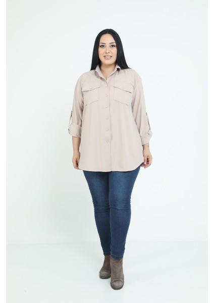 Büyük Beden Gömlek Yaka Göğüsten Çift Cepli Taş Rengi Gömlek fırsatları