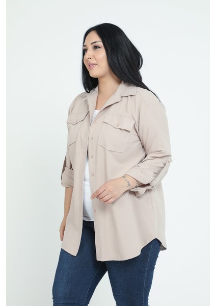 Büyük Beden Gömlek Yaka Göğüsten Çift Cepli Taş Rengi Gömlek indirimleri