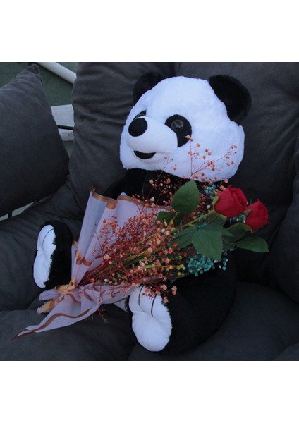Sevimli Peluş Panda 50 cm Gül & Cipso Sarmalı Romantik Çiçek Demet Seti Sevgiliye