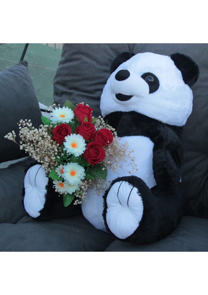 Sevimli Peluş Panda 50 cm Gül & Papatya Cipsolarla Sarılı Buket Set