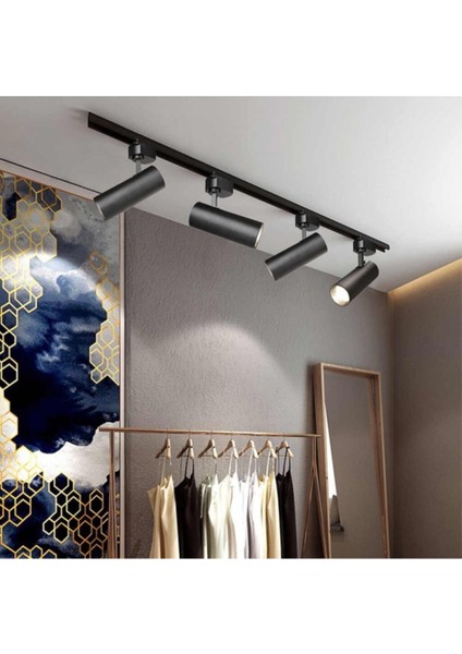 Siyah Kasa ve Günışığı 4 Adet 360 Derece Dönen LED Ray Spot Lamba 1 Metre Raylı Armatür