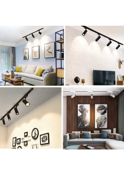 Siyah Kasa ve Günışığı 4 Adet 360 Derece Dönen LED Ray Spot Lamba 1 Metre Raylı Armatür