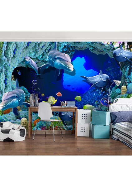 Sevimli Yunus Balıkları 3 Boyutlu Duvar Kağıdı