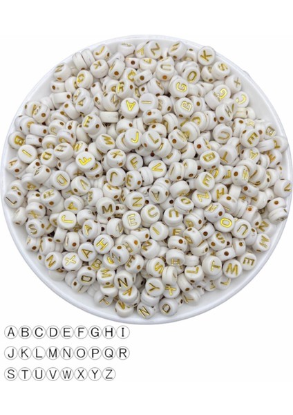 Harf BONCUK,4X7MM Yassı Beyaz Üzeri Gold / Altınsarısı Yaldızlı Harf Boncuk (100GR,~690 Adet)