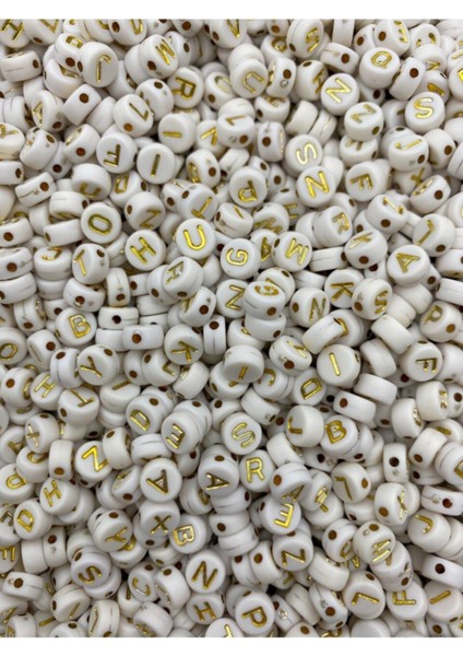 Harf BONCUK,4X7MM Yassı Beyaz Üzeri Gold / Altınsarısı Yaldızlı Harf Boncuk (100GR,~690 Adet) fiyatları