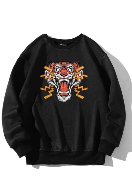 Twentyone Siyah Sinirli Tiger Baskılı Oversize Sweatshirt modelleri