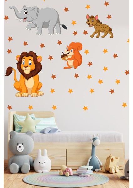Neşeli Hayvanlar ve Yıldızlar Çocuk Odası Duvar Sticker Seti