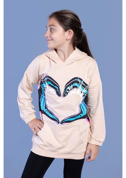 Kız Çocuk Kapüşonlu Kanguru Cepli Baskılı Sweatshirt