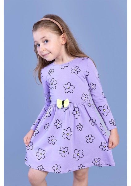 Kız Çocuk Çiçek Desenli Fiyonk Detaylı Elbise