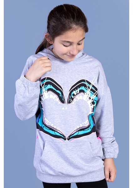 Toontoy Kids Kız Çocuk Kapüşonlu Kanguru Cepli Baskılı Sweatshirt