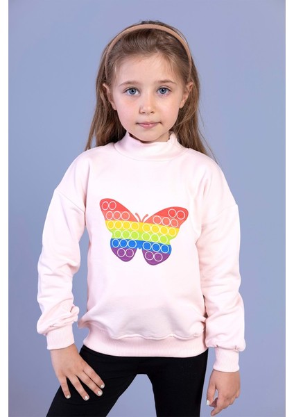 Kız Çocuk Pamuklu Balıkçı Yaka Popıt Desenli Sweatshirt