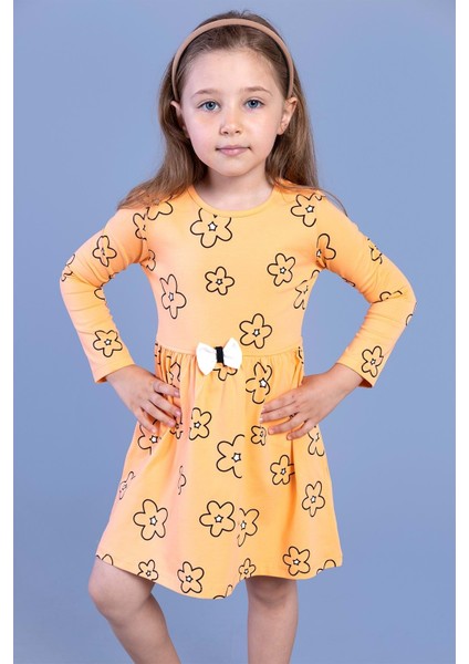 Kız Çocuk Çiçek Desenli Fiyonk Detaylı Elbise