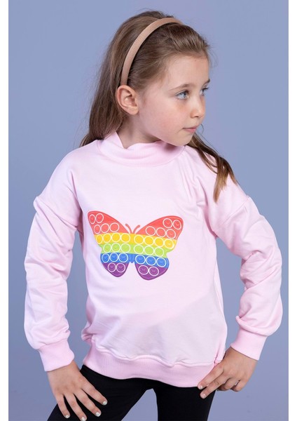 Kız Çocuk Pamuklu Balıkçı Yaka Popıt Desenli Sweatshirt