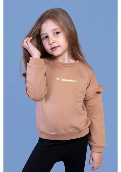 Kız Çocuk Kolları Fırfır Detaylı Nakışlı Sweatshirt