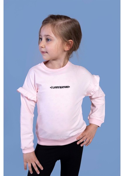 Kız Çocuk Kolları Fırfır Detaylı Nakışlı Sweatshirt