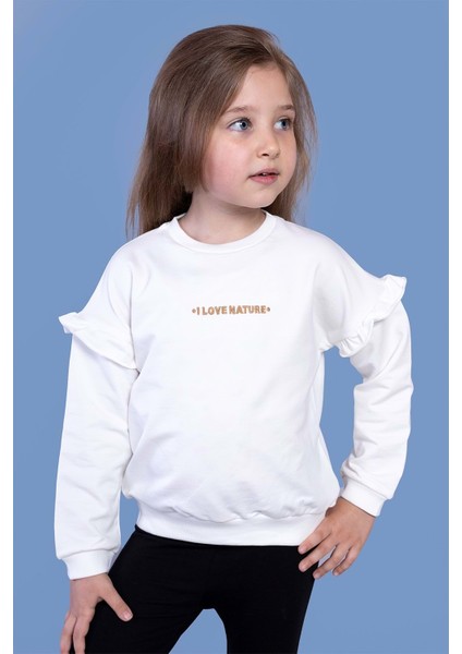 Kız Çocuk Kolları Fırfır Detaylı Nakışlı Sweatshirt