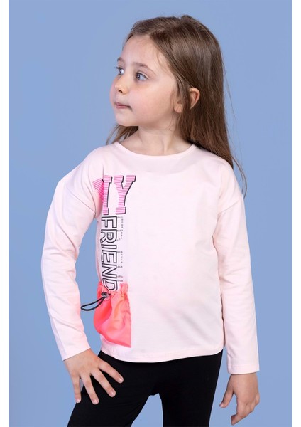 Kız Çocuk Cep Detaylı Baskılı Tişört