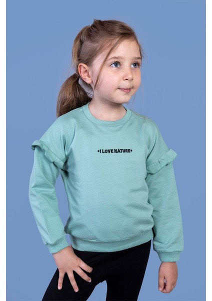 Kız Çocuk Kolları Fırfır Detaylı Nakışlı Sweatshirt