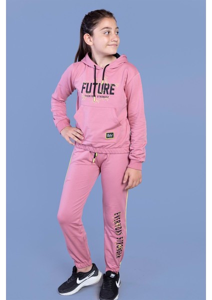 Kız Çocuk Baskılı Kanguru Cepli Eşofman Takımı