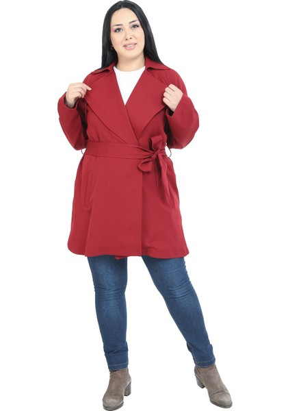 Büyük Beden Mono Yaka Kendinden Kuşaklı Katlamalı Kollu Cepli Rüzgarlıklı Yandan Yırtmaçlı Bordo Ceket
