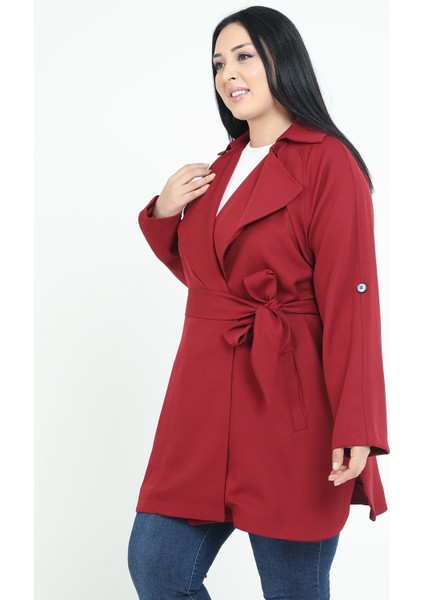 Büyük Beden Mono Yaka Kendinden Kuşaklı Katlamalı Kollu Cepli Rüzgarlıklı Yandan Yırtmaçlı Bordo Ceket fiyatları